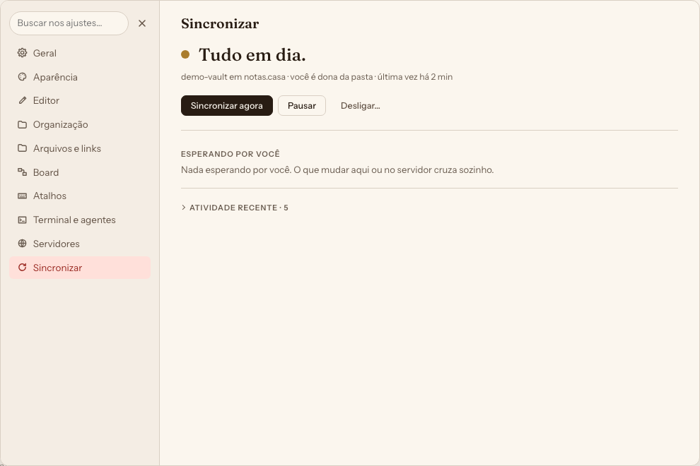 The Sync panel of Verso’s settings, in Portuguese, titled “Tudo em dia.” (All up to date), with the line “demo-vault on notas.casa · you own the folder · last time 2 min ago”, the buttons Sync now, Pause and Turn off, and an empty Waiting for you section.