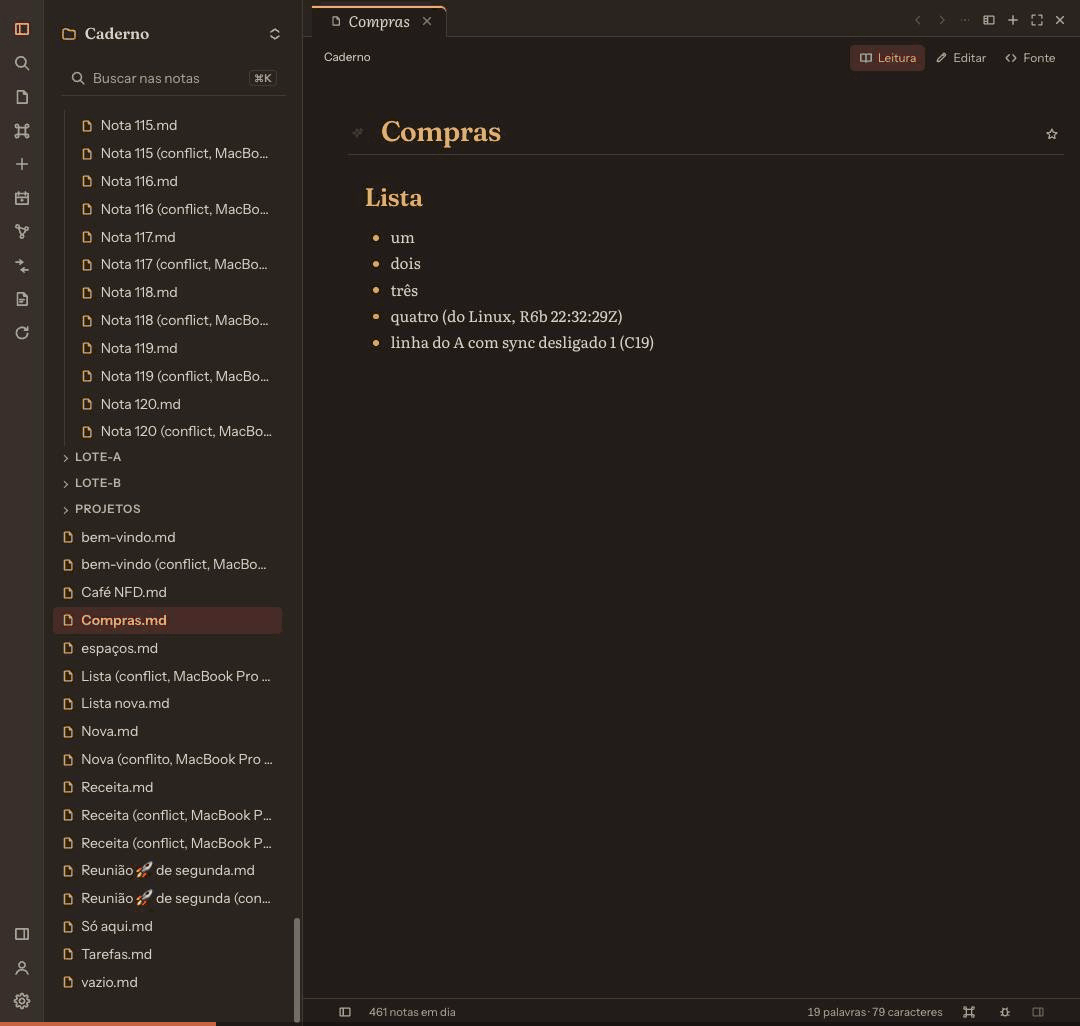 The note “Compras” (Shopping) open in a browser, in the dark theme, with a list. A new line, written on another computer, appears at the end: “written on Mac B at 22:02:52, seen in the browser within seconds”.