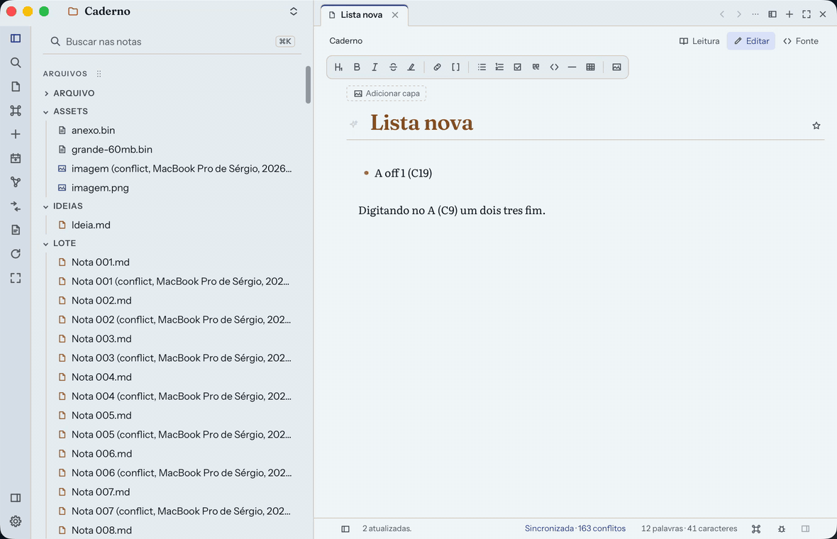 Verso’s editor with a note that changed on disk while someone typed. A notice says nothing was written and shows the difference between the disk and the typed text, with three choices: Discard mine and reload, Write mine over it, Keep both.